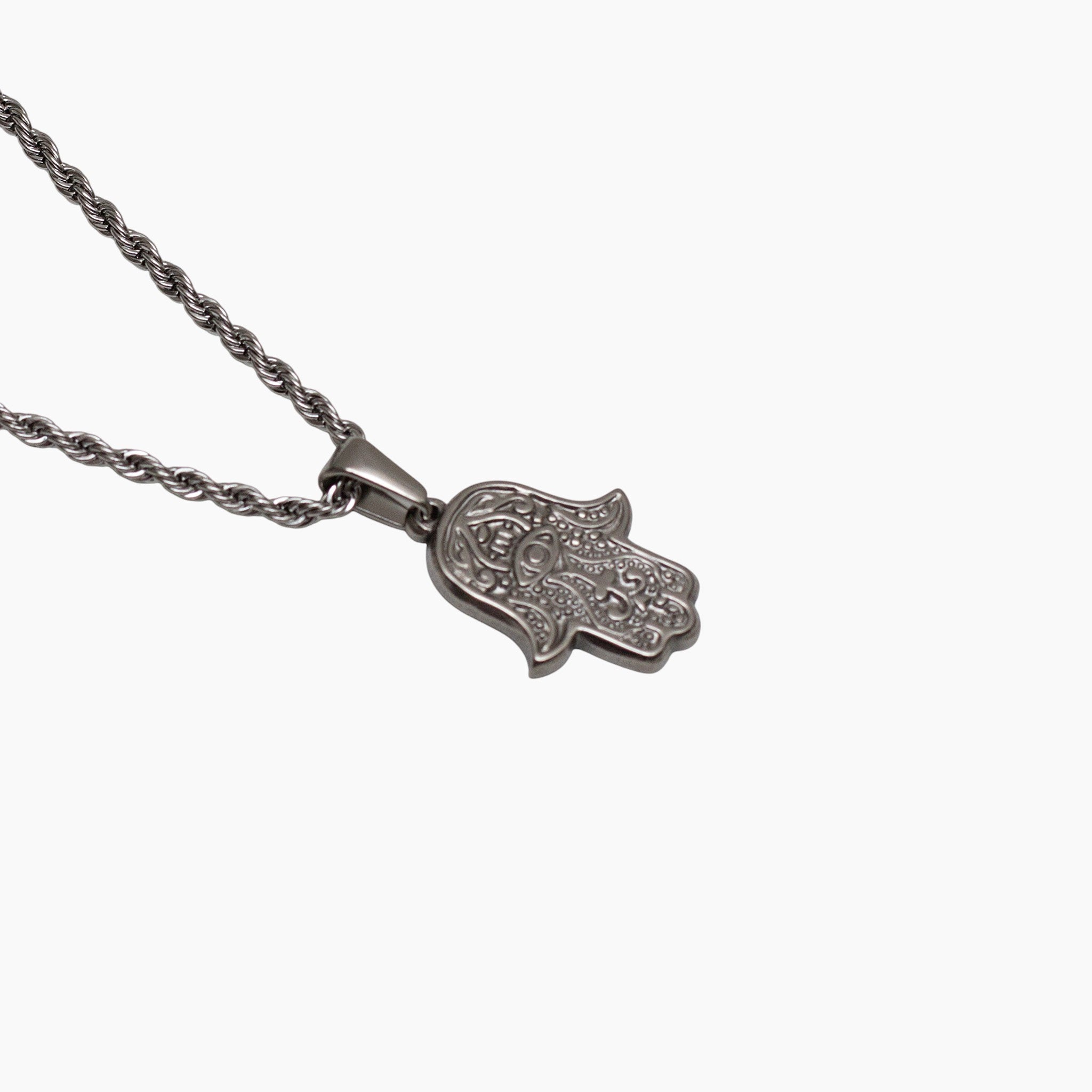 Unisex Silver Hamsa Necklace - Stainless Steel Hand of Fatima Pendant Manntara