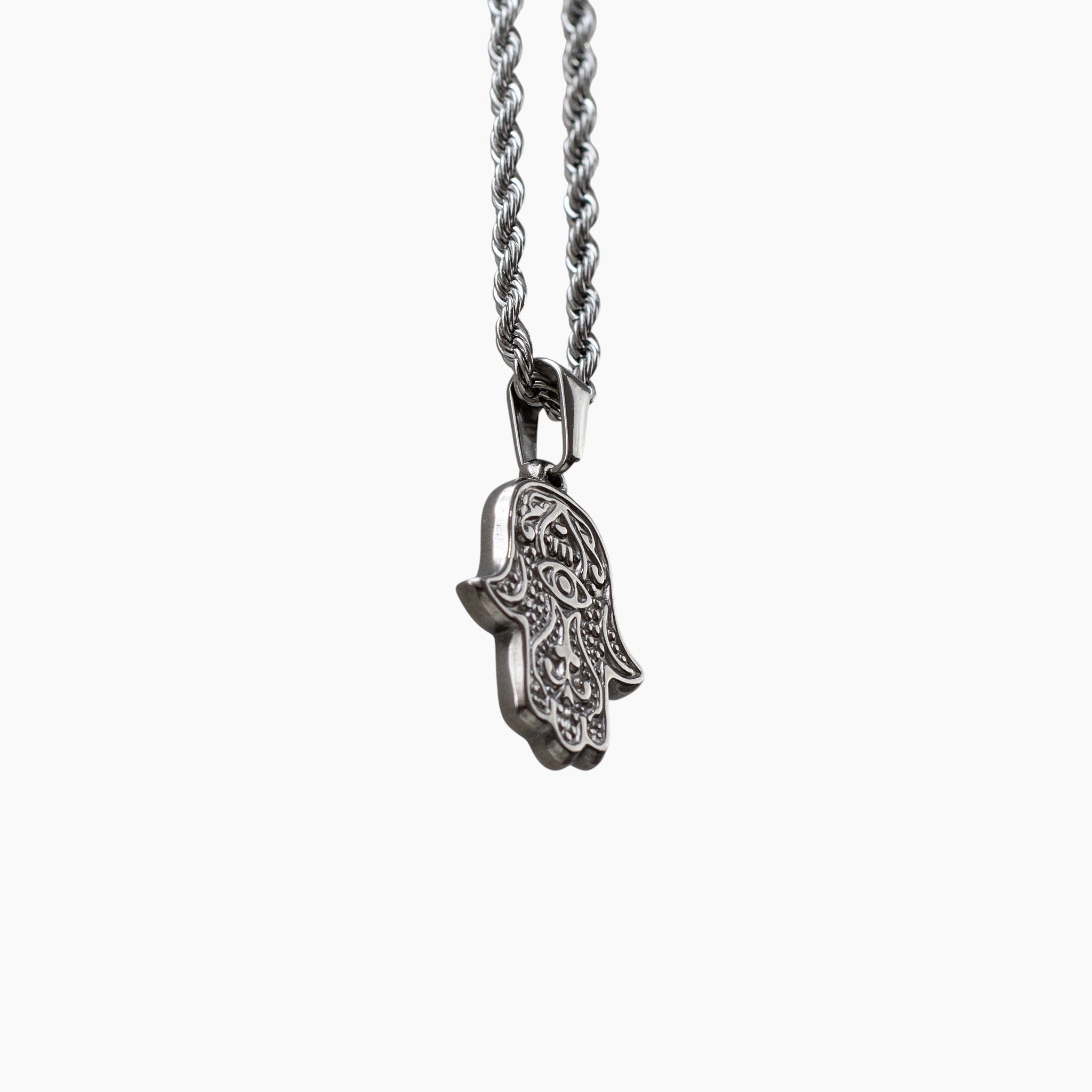 Unisex Silver Hamsa Necklace - Stainless Steel Hand of Fatima Pendant Manntara