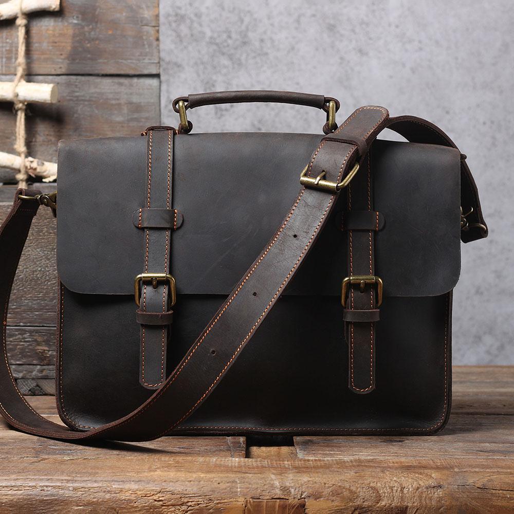 2-in-1 Full-Grain Leather Laptop Business BriefcaseBackpack