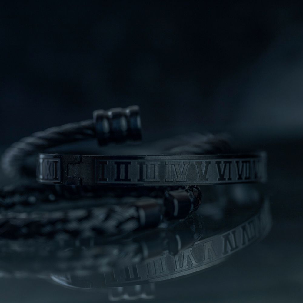 Black Stainless Steel & Rhodium Roman Bracelet Set For Men