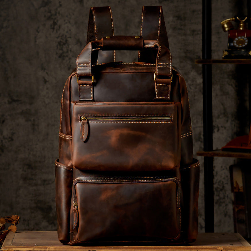 Brown Full-Grain Leather Travel Retro Backpack for Men