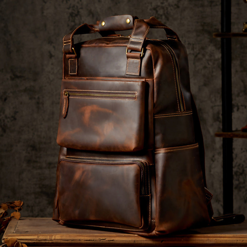 Brown Full-Grain Leather Travel Retro Backpack for Men Manntara