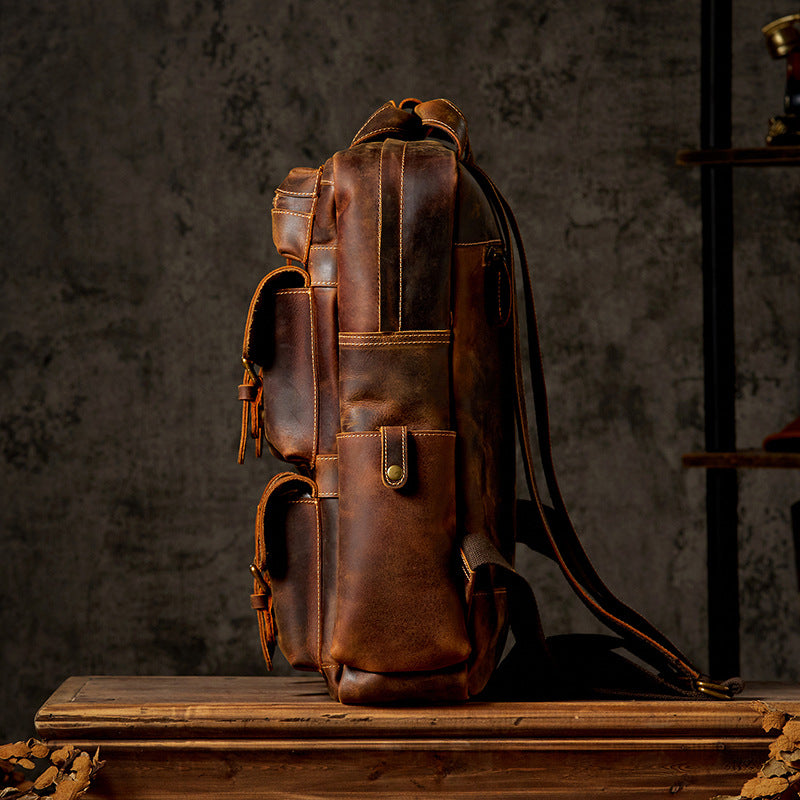 Brown Full-Grain Leather Travel Retro Laptop Backpack for Men