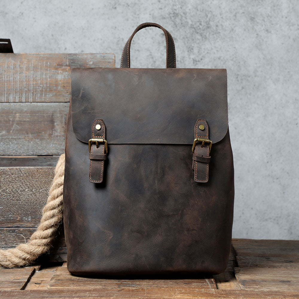 Dark Brown Full-Grain Leather Vintage Retro Unisex Backpack