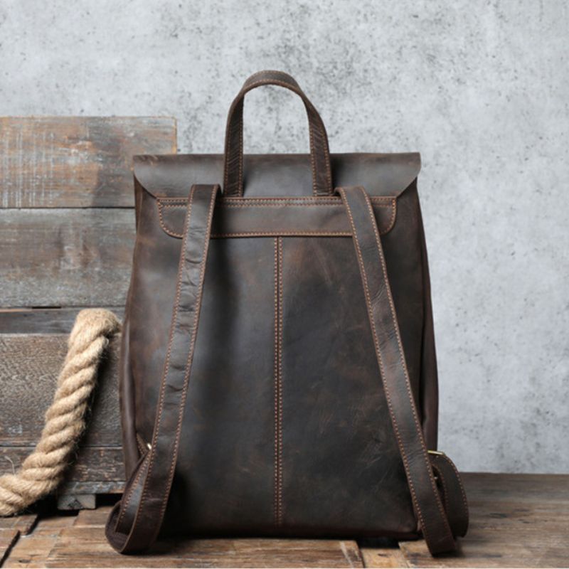Dark Brown Full-Grain Leather Vintage Retro Unisex Backpack