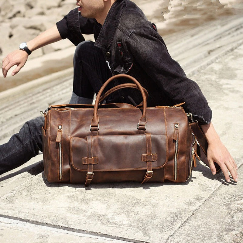 Dark brown leather duffle bag best sale