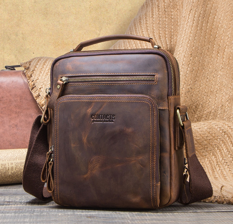 Unique men's brown leather vintage messenger cross body bag for iPad