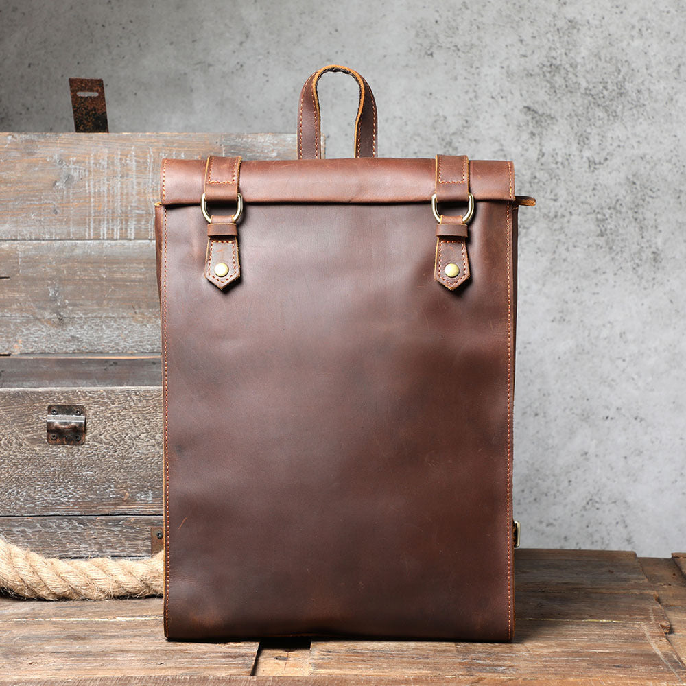 Full-Grain Brown Leather Anti-Theft Retro Backpack for Men and Women