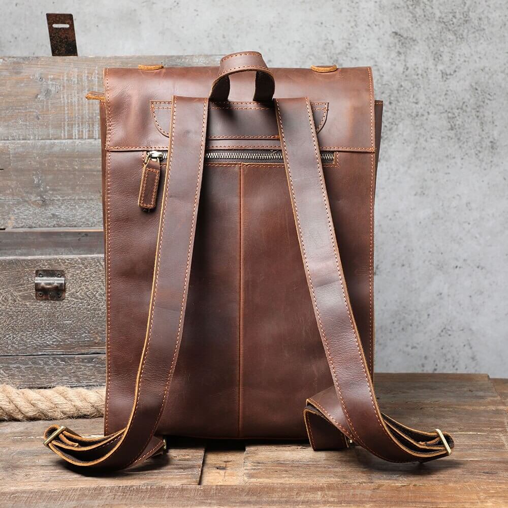 Full-Grain Brown Leather Anti-Theft Retro Backpack for Men and Women