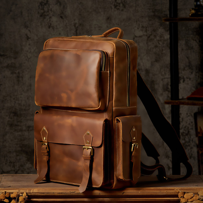 Full-Grain Leather Brown Business Laptop Backpack for Men