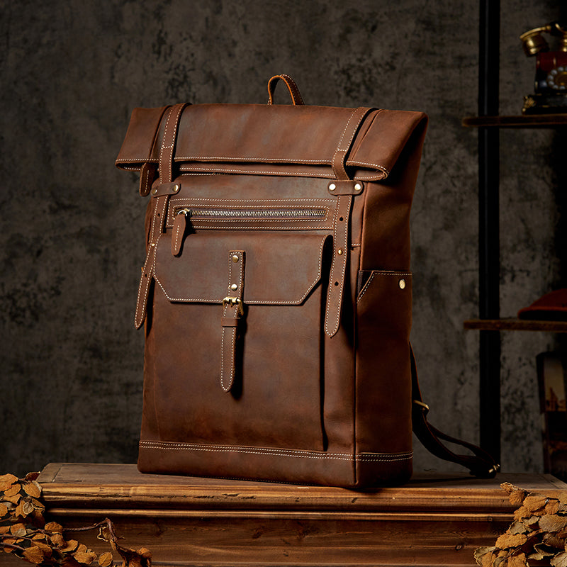 Men's Brown Leather 15.6'' Laptop Vintage Backpack For Work
