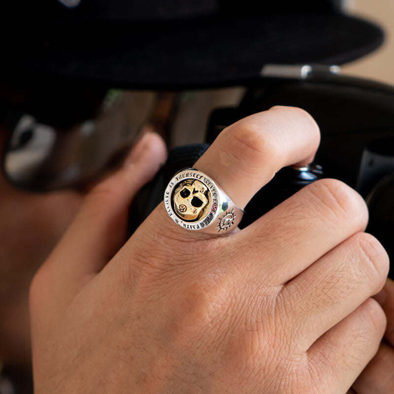 S925 Silver Adjustable Gothic Golden Skull Ring For Men